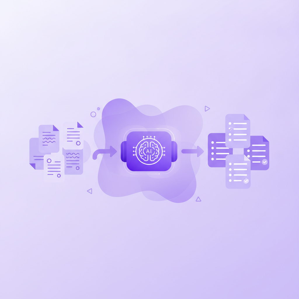 A flowchart graphic showing raw, messy lecture notes entering an AI machine icon, and organized, bulleted study guides coming out the other side