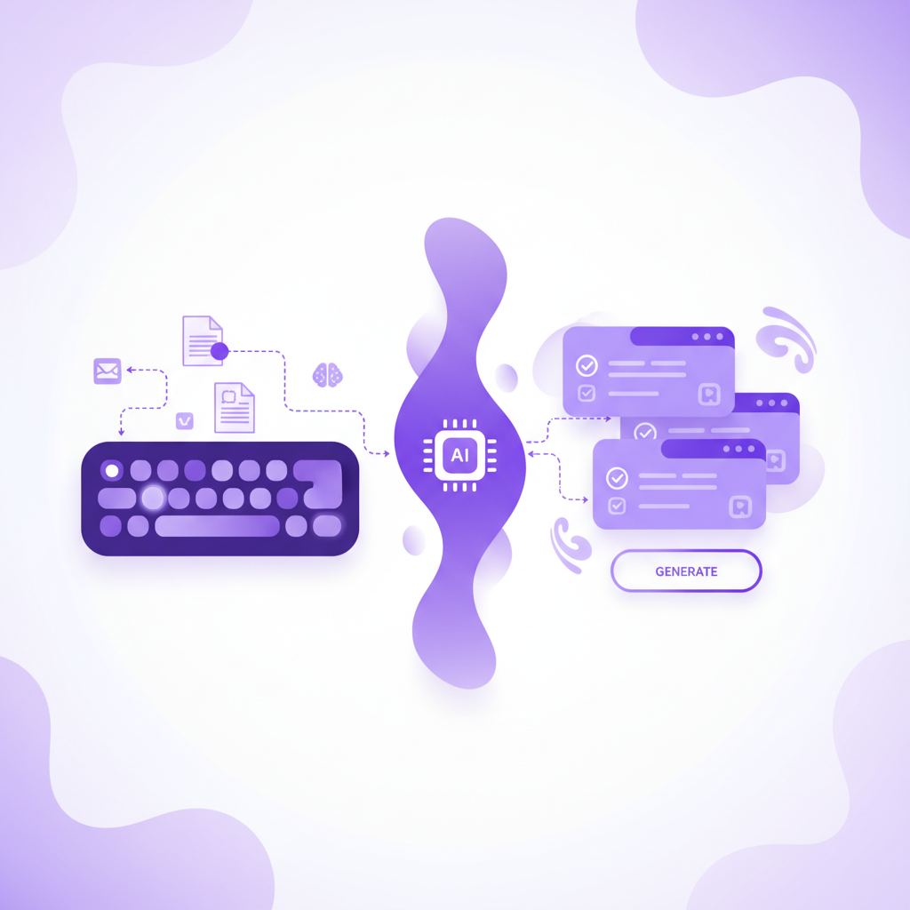 Split screen showing manual typing on a keyboard on one side and instant flashcard generation interface on the other.