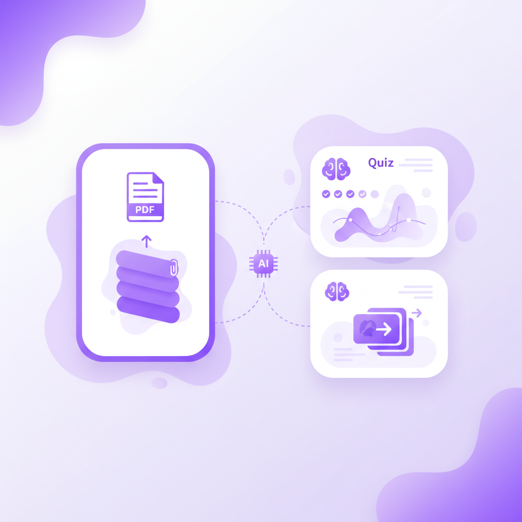 UI mockup showing a PDF uploaded on the left pane and a generated quiz and flashcard deck instantly appearing on the right pane.
