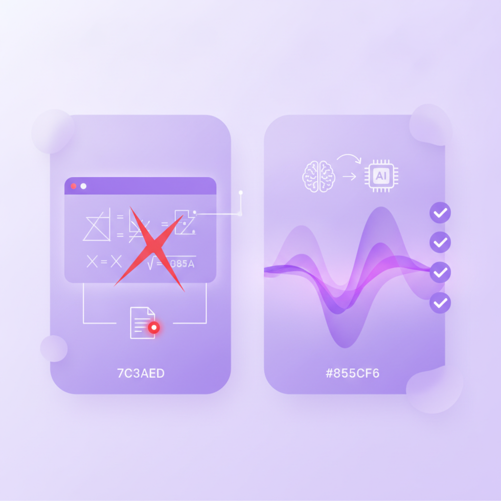 Split screen showing a student's math error on a digital canvas alongside a glowing AI voice waveform