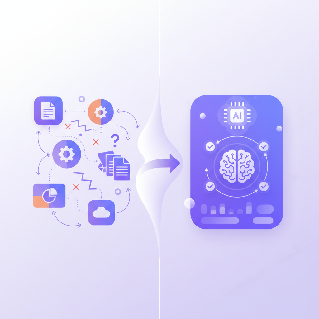Split screen showing a messy, multi-tool workflow vs a single seamless AI dashboard